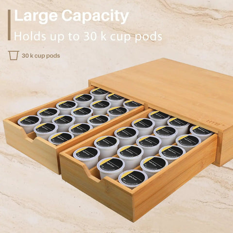 K Cup Pod Holder Drawer Organizer Bamboo Double Drawer Holds Up To 30 Pods Space Saving Coffee Capsule Storage