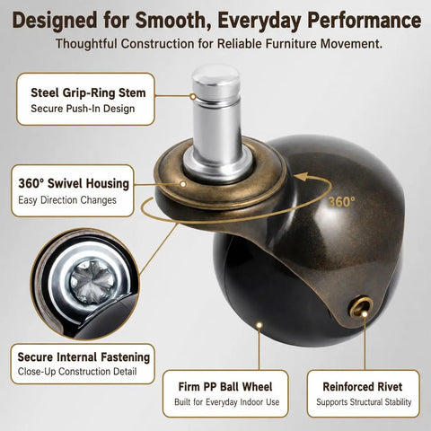Two Inch Brass Caster Wheels Five Pack Antique Ball Casters With Seven Sixteenth Inch Diameter And Seven Eighth Inch Long Grip Ring Stem close-up of stem and wheel