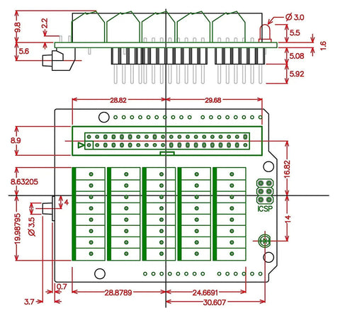 Technical diagram of Arduino Screw Terminal Block Breakout Module for Uno R3 highlighting dimensions and component layout.