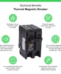 Homeline 100 Amp Two Pole Mini Circuit Breaker With Plug In Mount 120 240V AC 10kA Breaking Capacity, front view with benefits.
