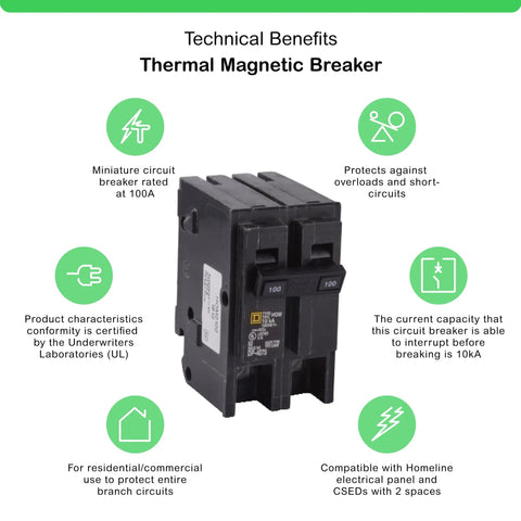 Homeline 100 Amp Two Pole Mini Circuit Breaker With Plug In Mount 120 240V AC 10kA Breaking Capacity, front view with benefits.