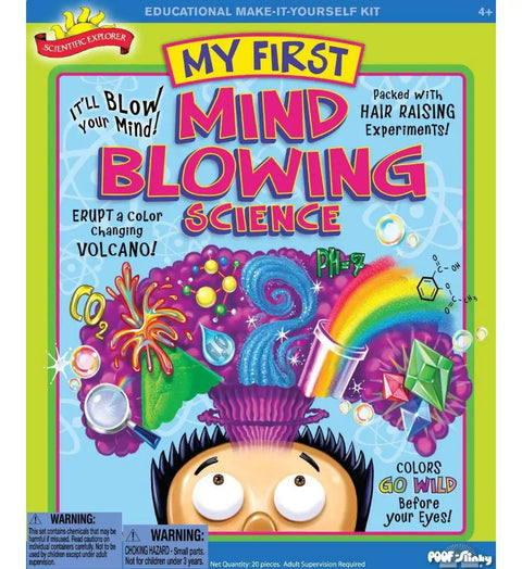 Cover of Hands-On Mind Blowing Science Kit for Kids, featuring colorful chemical reactions and playful design.