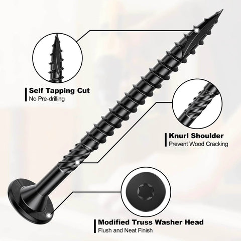 Beefy Workhorse Heavy Duty Outdoor Wood Screws 6 Inch Torx Star Drive Black Finish showing screw details and features.