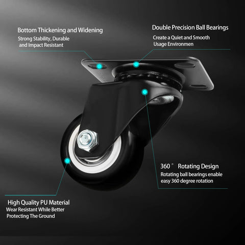 Close-up of 1.5 Inch Swivel Caster Set Of 4 With Steel Core Rubber Casters Heavy Duty for furniture, showing rotating design and PU material.