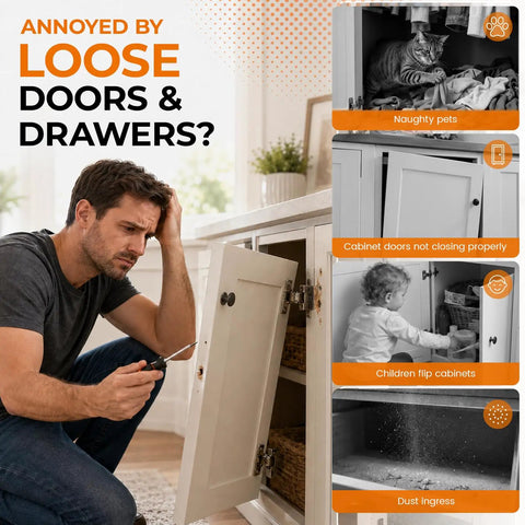 Man frustrated with loose cabinet door, promoting Ultra Thin Magnetic Cabinet Door Catch 16 Pack Slim Self Adhesive Drawer Latch for Cabinets Drawers and Closets Boss Hold Keeps Doors Quiet and Snug Silver.