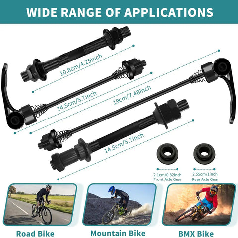 Bike Quick Release Axle Set 1 Pair Front And Rear Hollow Shaft for Road and Mountain Bikes with 25mm Hub shown with dimensions