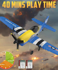 P-51D Mustang 3 Channel RC Plane With Ready To Fly Setup featuring 40 mins playtime and two rechargeable batteries in action scene.