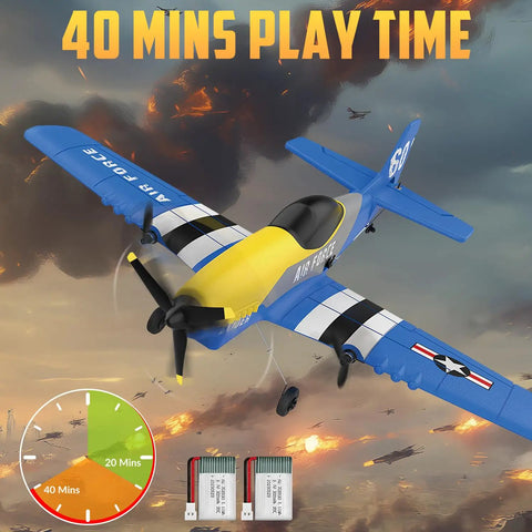 P-51D Mustang 3 Channel RC Plane With Ready To Fly Setup featuring 40 mins playtime and two rechargeable batteries in action scene.