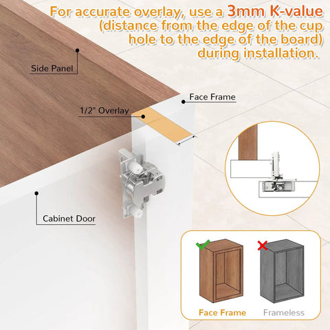 60 Pack Overlay Soft Close Cabinet Hinges showing 1/2" overlay measurement for installation guidance on a cabinet.