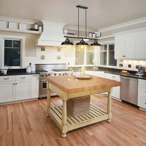 Industrial Kitchen Island Pendant Light With Adjustable Height Rustic Farmhouse Three Light Pendant Vintage Hanging Light Fixture For Kitchen And Dining UL Listed above wooden island in modern kitchen