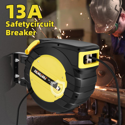 65 Ft Retractable Extension Cord Reel with 3 Grounded Outlets and Lighted Triple Tap mounted on workshop wall