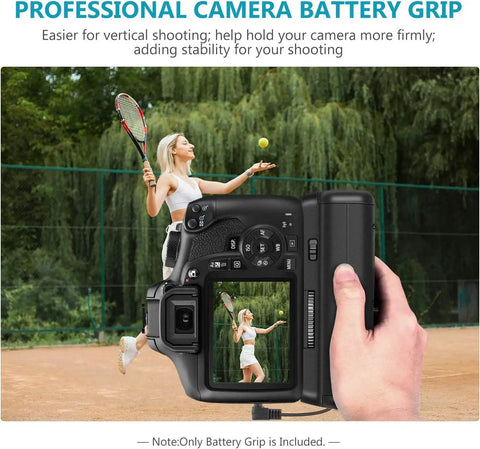 Battery Grip Kit For Canon EOS Rebel T3 T5 T6 1100D 1200D 1300D Digital Cameras with vertical grip in outdoor tennis setting
