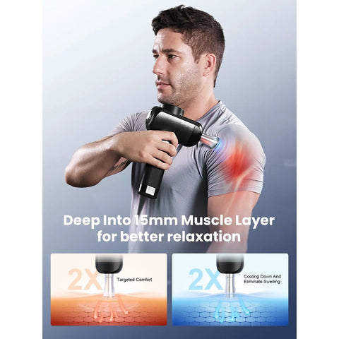 Athlete using X6 Ultra Massage Gun With Heat And Infrared Light Titanium Head Percussion Deep Tissue Massager for muscle relaxation.