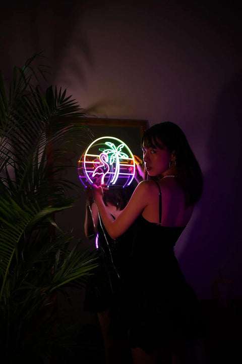Flamingo Neon Sign With Palm Tree Theme LED Wall Decor Light For Tiki Bar Bedroom And Beach Room Vaporwave Pink Glow Lit 15x13 Inch Neon Light Perfect Gift For Tropical Decor Lovers