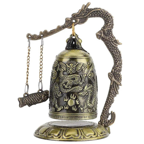 Vintage Bronze Dragon Lock Bell, 5 inch antique decor with intricate dragon design and subtle electroplate finish, ideal for displays.