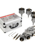 16 Piece Heavy Duty Tct Hole Saw Kit For Hard Metal with tungsten carbide cutter set and carrying case, drill bits displayed.