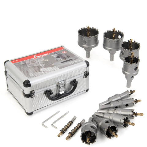 16 Piece Heavy Duty Tct Hole Saw Kit For Hard Metal with tungsten carbide cutter set and carrying case, drill bits displayed.