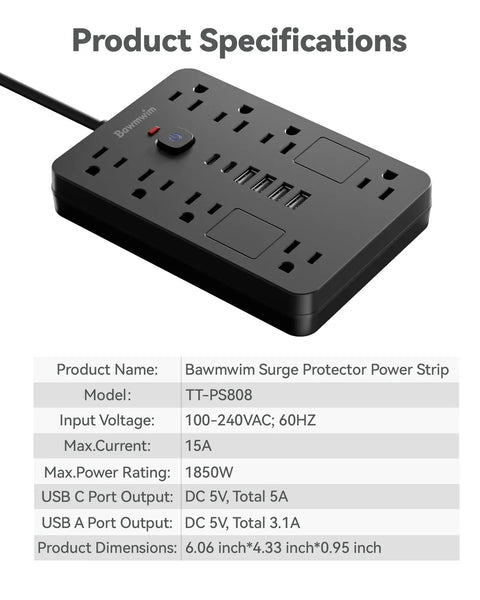 Beefed-Up Surge Protector Power Strip With Eight Outlets And Six USB Ports Including Two USB C Ports 1850W 15A 6FT Flat Plug Extension Cord ETL Listed For Home Office Dorm Room Black, angled view