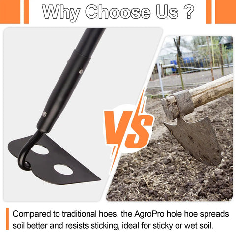 Comparison of long handle garden hoe for weeding heavy duty steel garden tool with a 58 inch shaft next to a traditional hoe
