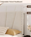 Close-up of adjustable velvet headboard on Queen Bed Frame With Smart Led Lights And Dual Usb Ports App Remote Music Sync And Custom Timer For A Lowkey Dreamy Bedroom Setup Solid Noise Free Platform In Cozy Beige.