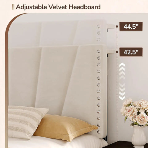 Close-up of adjustable velvet headboard on Queen Bed Frame With Smart Led Lights And Dual Usb Ports App Remote Music Sync And Custom Timer For A Lowkey Dreamy Bedroom Setup Solid Noise Free Platform In Cozy Beige.