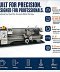 Jaryannix 8 X 32 Inch Benchtop Mini Metal Lathe With 900W Brushless Motor For Woodworking And Metalworking Projects Featuring Digital Display Variable Speed Control From 50 To 2500 RPM Three Jaw Chuck And Adjustable Tool Post For Precision Machining, showing specifications and features on a professional lathe.
