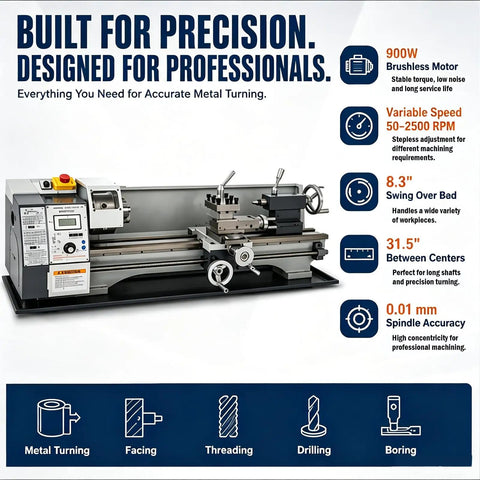 Jaryannix 8 X 32 Inch Benchtop Mini Metal Lathe With 900W Brushless Motor For Woodworking And Metalworking Projects Featuring Digital Display Variable Speed Control From 50 To 2500 RPM Three Jaw Chuck And Adjustable Tool Post For Precision Machining, showing specifications and features on a professional lathe.