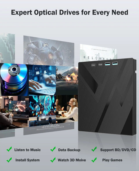 All In One External Blu Ray Drive For Real Fast 100 GB Disc Read And Write Supports Massive 100GB Discs Burn And Backup High Capacity Media Reads Blu Ray Up To 6x DVDs Up To 8x Great For PC Mac And Laptop Use Plug And Play Ready, black external drive