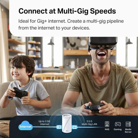 Father and son gaming with Deco 7 Pro Tri Band WiFi 7 Mesh System For Whole Home Coverage with virtual reality headset and controller.