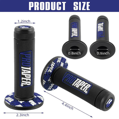 Black and blue twist throttle grips with dimensions for Universal 22mm Seven Eighths Inch Twist Throttle Grip And Cable Kit