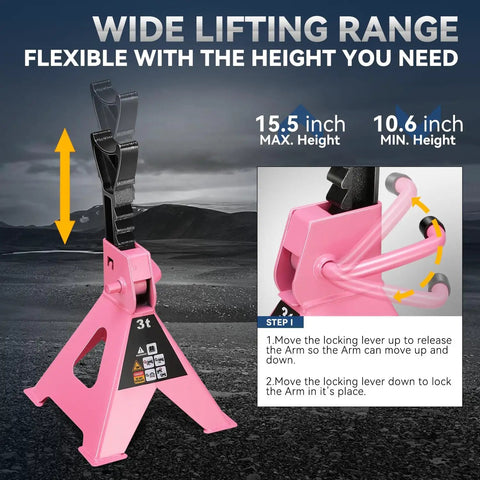 Two Pack 3 Ton Jack Stands For Cars, SUVs And Trucks, Heavy Duty Steel Floor Jack Stands With Adjustable 10.6 To 15.5 Inch Lifting Range, Pink Finish