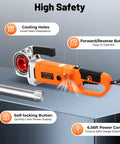 Pxolerig 2300W Electric Pipe Threader Machine with six heavy duty dies, showcasing cooling holes and forward/reverse button.