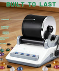 Rock Tumbler Kit For Kids And Adults With 2 Belts on wooden floor, gemstones around, highlighting features like stainless steel lid.