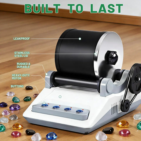 Rock Tumbler Kit For Kids And Adults With 2 Belts on wooden floor, gemstones around, highlighting features like stainless steel lid.