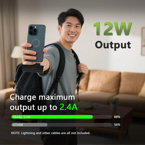 Grab And Go Mini Portable Charger Packing Sleek Built In Usb C Cable Plug Right Into Device No Tangled Cords To Deal With Pocket Sized Power Bank For Daily Grinds And Weekend Rides held by man showing fast charge stats.