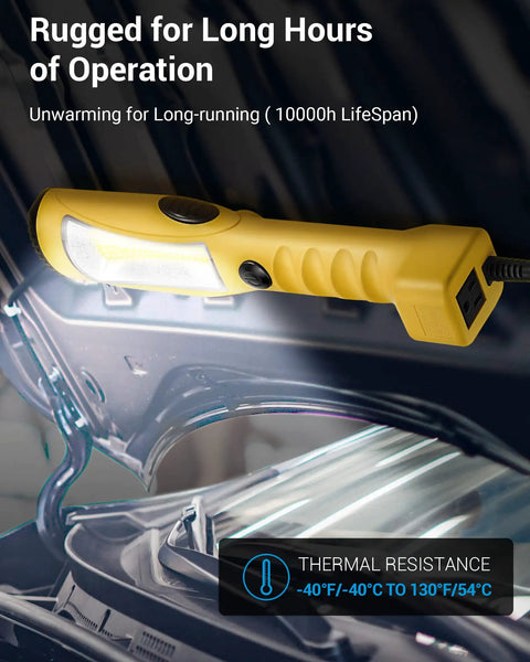 Beastly Bright 25ft COB LED Work Light with 1200LM Output, shown illuminating a car engine with thermal resistance details.