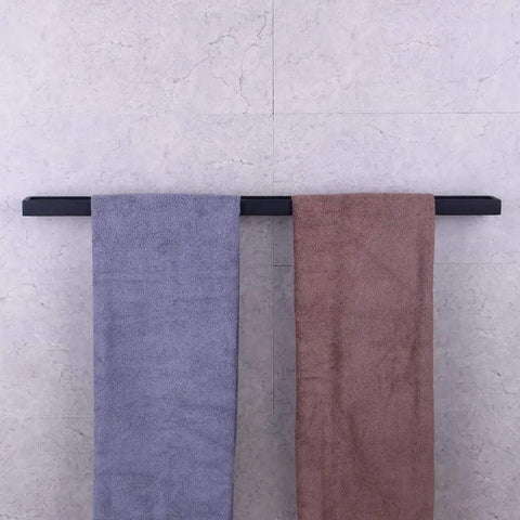 Matte Black 36 Inch Stainless Steel Bathroom Towel Bar Wall Mount Made From SUS 304 with gray and brown towels hanging
