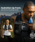 Man drinking from Hydration Running Vest With 8 Pockets And 17 Oz Flask For Men And Women Reflective Lightweight Neoprene Pack