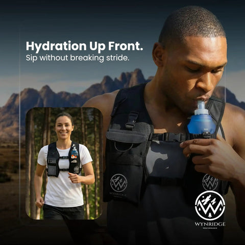Man drinking from Hydration Running Vest With 8 Pockets And 17 Oz Flask For Men And Women Reflective Lightweight Neoprene Pack