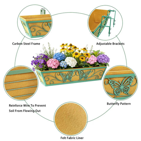 Two Pack 24 Inch Window Boxes Planter With Adjustable Brackets For Porch Deck Balcony Railing Hanging Butterfly Decorative Pattern Flower Baskets And Non Woven Fabric Liner For Outdoor Plants Green
