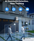 Dual-Lens Wireless Outdoor Home Security Camera System Four Camera Kit With 360 Degree Coverage installed on house, AI human detection