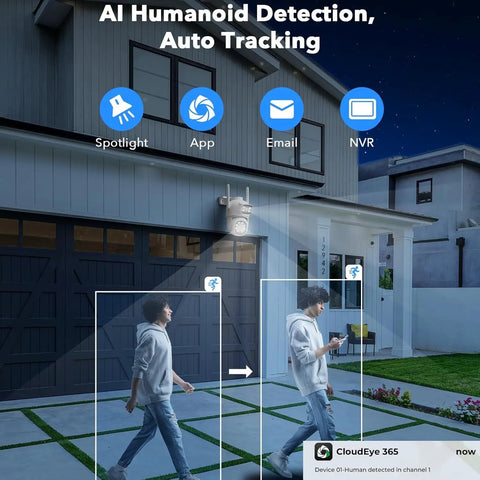 Dual-Lens Wireless Outdoor Home Security Camera System Four Camera Kit With 360 Degree Coverage installed on house, AI human detection