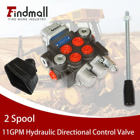 Front view of a 2-spool hydraulic directional control valve with red port caps and silver fittings