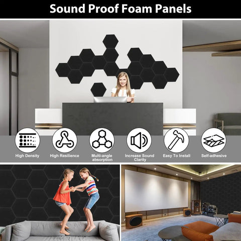 12 Pack Hexagon Acoustic Foam Panels Self Adhesive Sound Proof Wall Tiles High Density Noise Reducing decor displayed in modern studio.