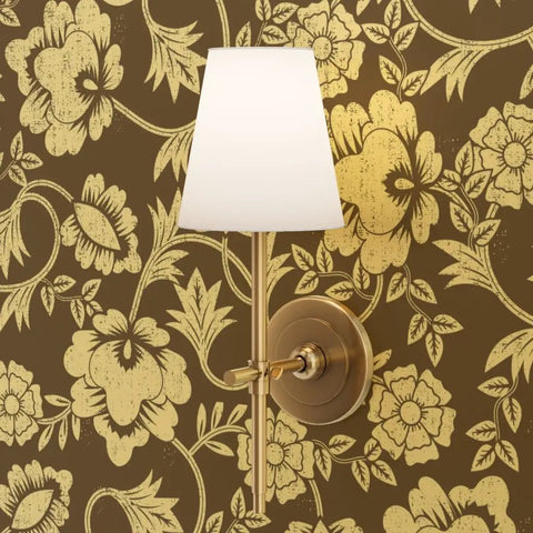 Modern wall sconce against Premium Brown Gold Metallic Wallpaper With Block Print And Textured Finish For Modern Home Decor.
