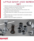 Little Giant Jack Screw Set With All Attachments For Leveling in Toolrooms and Machine Shops A Real Workhorse 1-1/2 to 2-1/4 Inch Range 1 Inch Base Diameter Heavy Duty Levelers For Planer Beds Drills and Machinery Setup displayed with attachments and bases