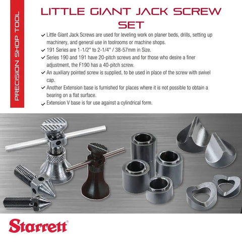 Little Giant Jack Screw Set With All Attachments For Leveling in Toolrooms and Machine Shops A Real Workhorse 1-1/2 to 2-1/4 Inch Range 1 Inch Base Diameter Heavy Duty Levelers For Planer Beds Drills and Machinery Setup displayed with attachments and bases