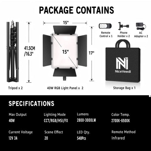 Package contents of Two Pack RGB Video Lighting Kit with 40W Output and accessories including stands and storage bag.