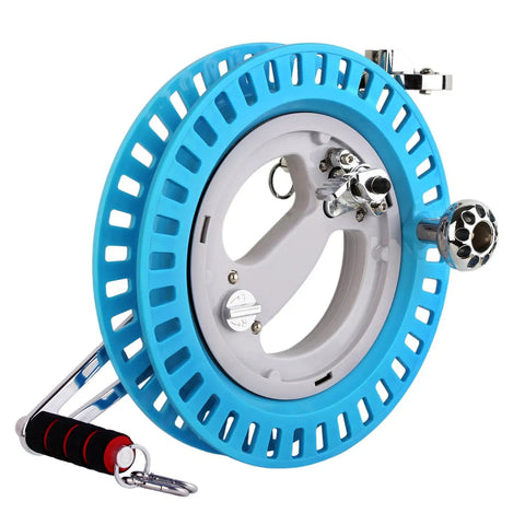 Blue Big Kite Reel With Brake For Easy Outdoor Flying Pro Grade 10.6 Inch String Winder showing ABS and aluminum body