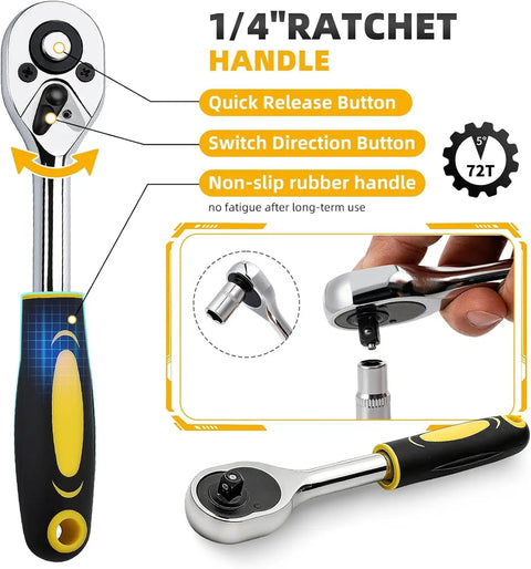 1/4 inch ratchet from Beefy 47 Piece General Home And Auto Repair Tool Kit Set with rubber handle and quick release button